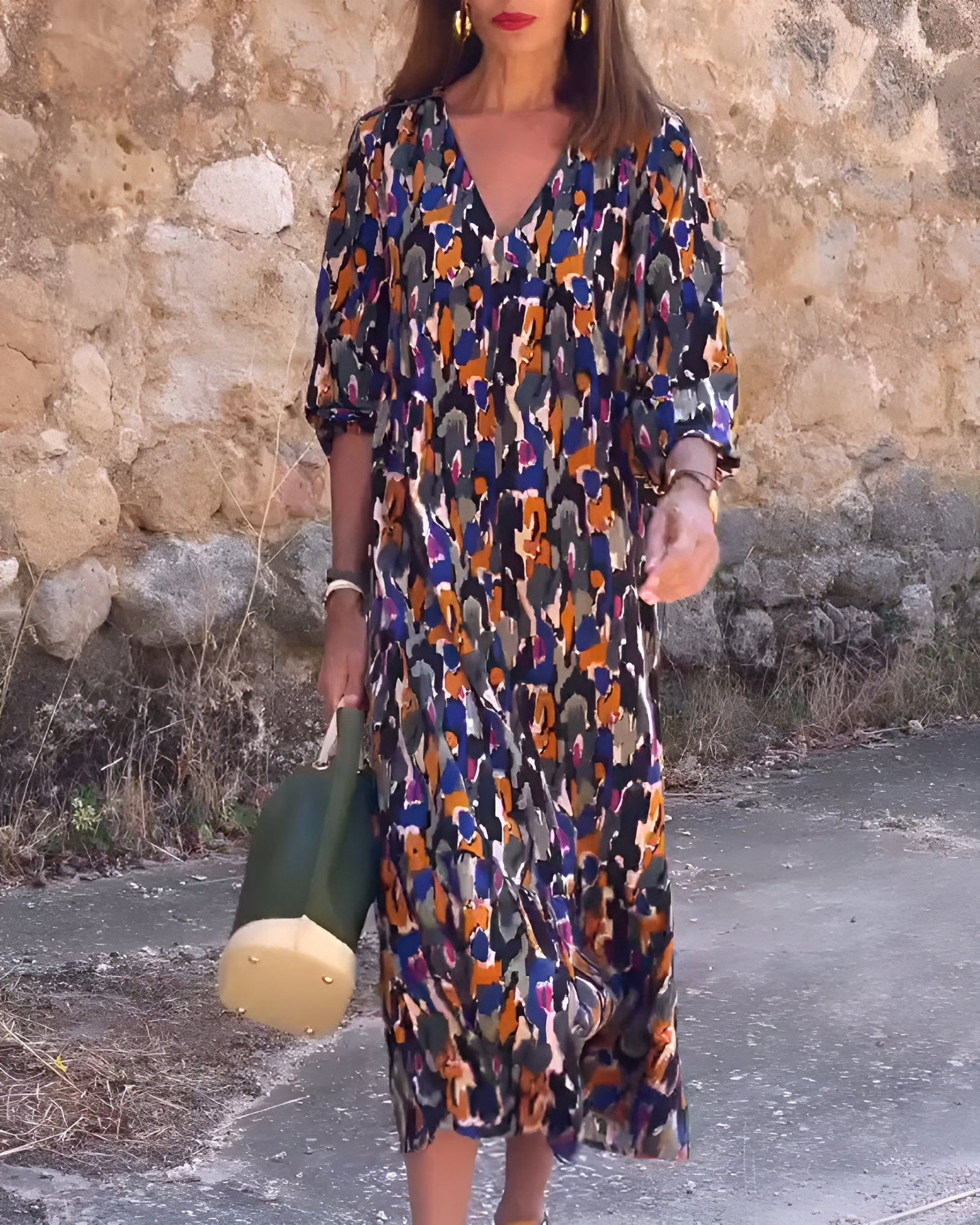 NATHALIE | Retro Print V-Neck Dress