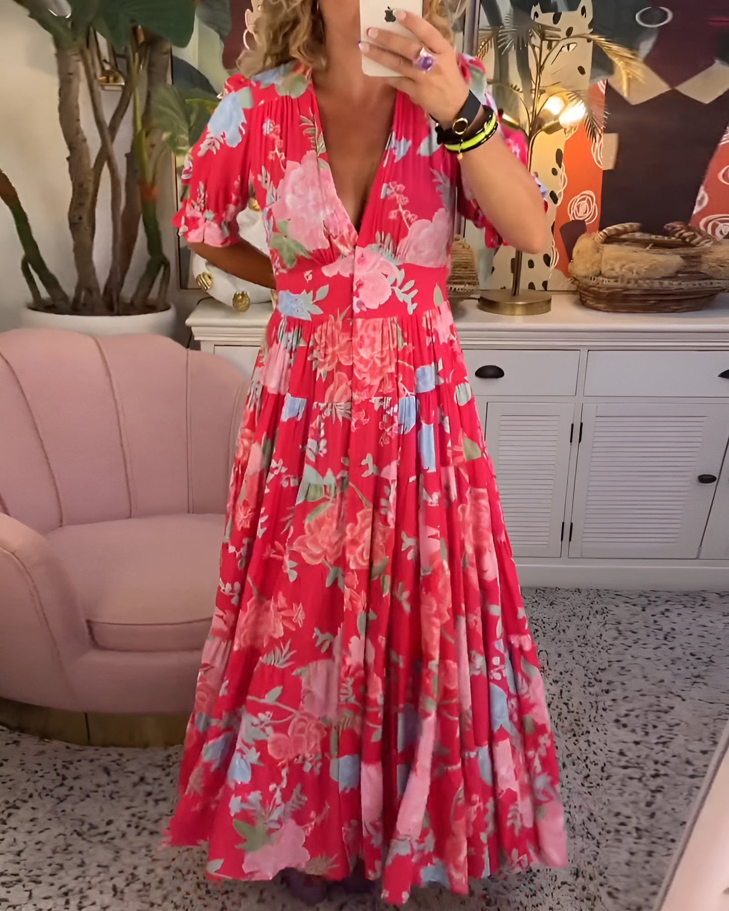 Carine | V-neck Dress with Floral Print and Pockets