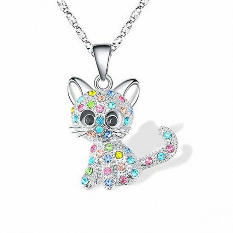 Sterling Silver Kitten Necklace with Colorful Zirconia Accents