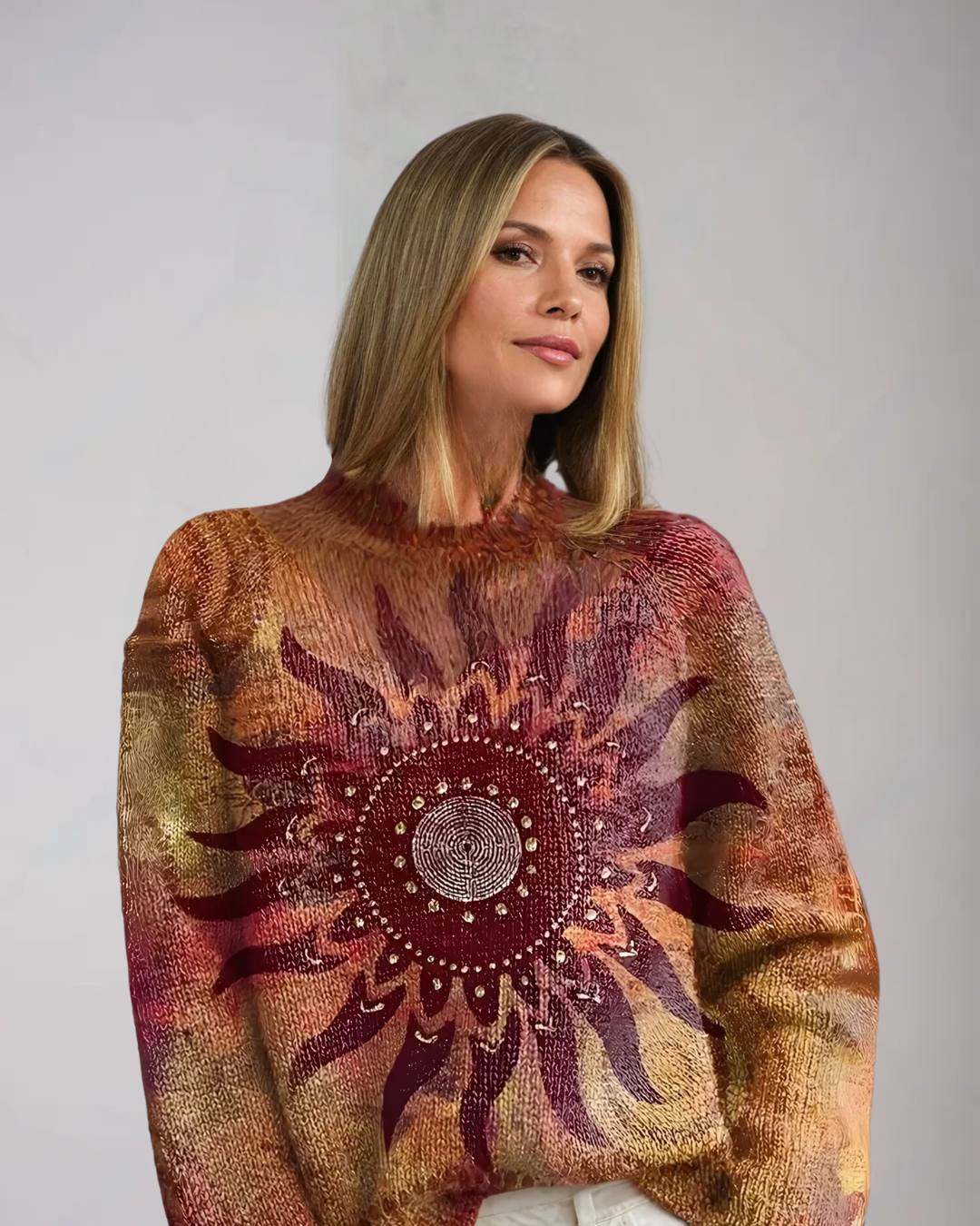 ELINE | Warm Knit Turtleneck with Geometric Tribal Sun Pattern