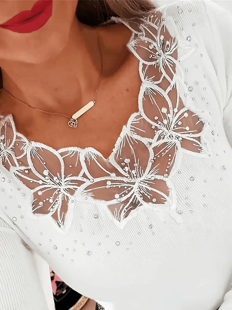 Elena | Elegant Sweater with V-Neck and Lace Inserts