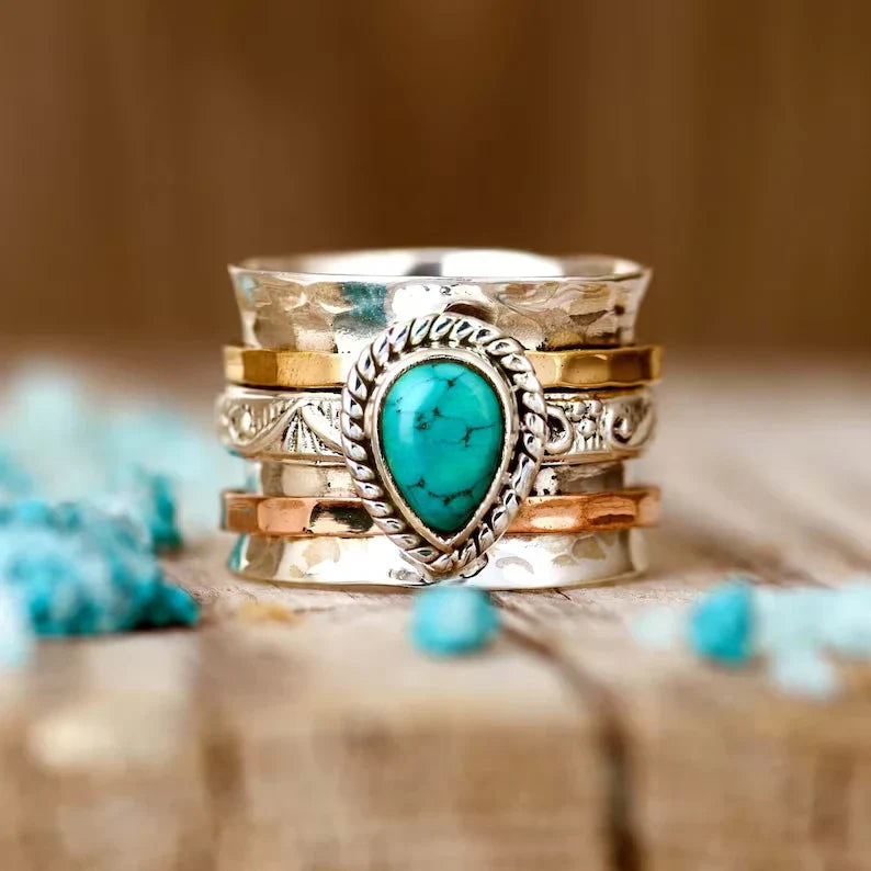 Retro Turquoise Inlay Gold and Silver Ring