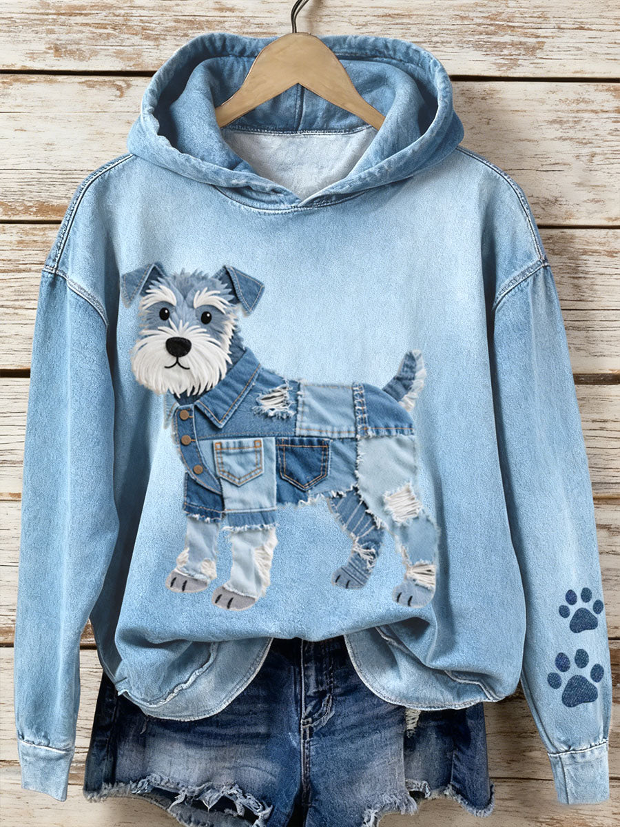Amelia – Women’s Denim Sweatshirt with Art Patchwork Schnauzer Dog Motif