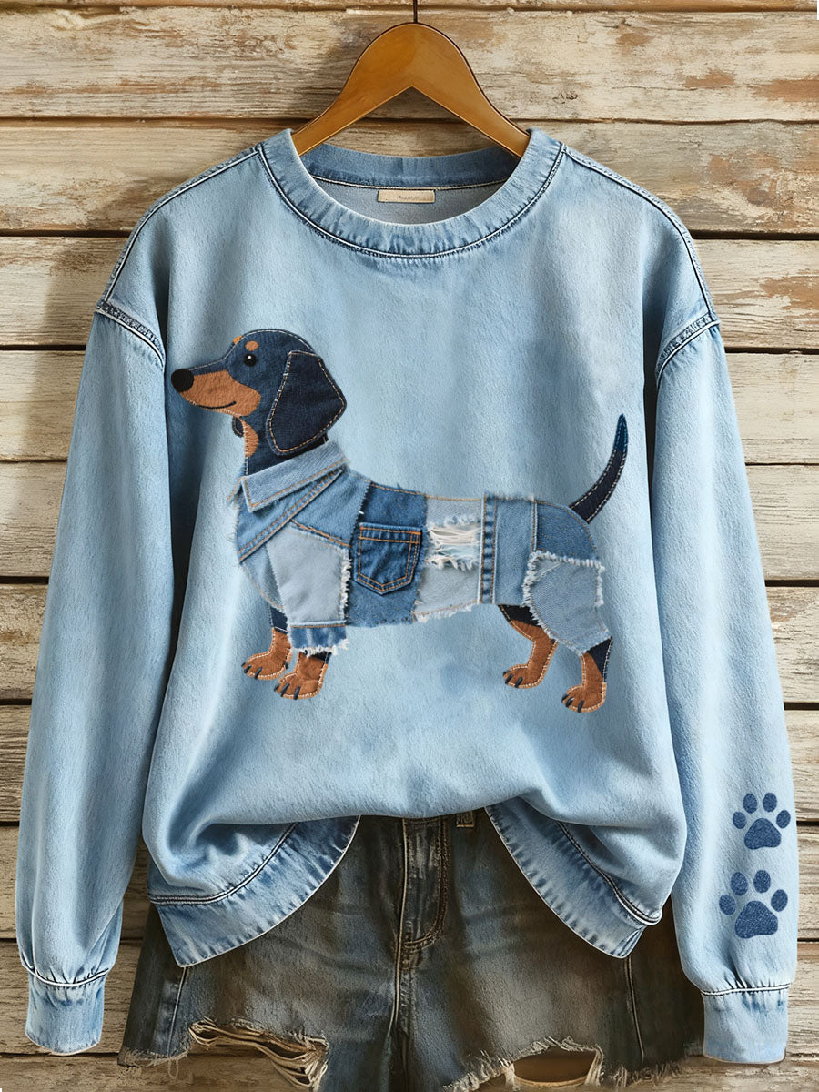 Olivia – Women's Hoodie with Denim Patchwork and Dachshund Design