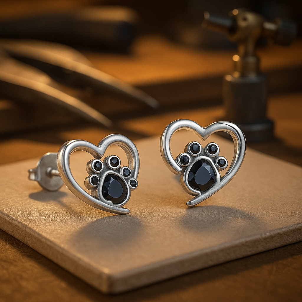 Heart Paw Stud Earrings – Silver with Black Enamel