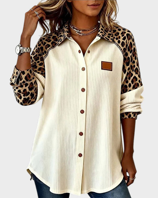 Two-Tone Button-Down Shirt with Leopard Print