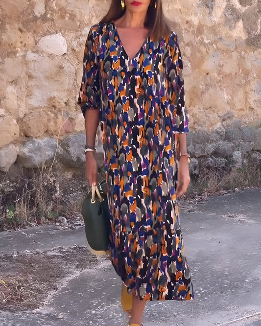 NATHALIE | Retro Print V-Neck Dress