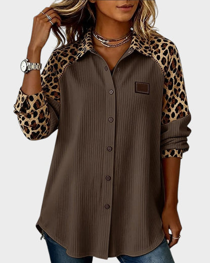 Two-Tone Button-Down Shirt with Leopard Print