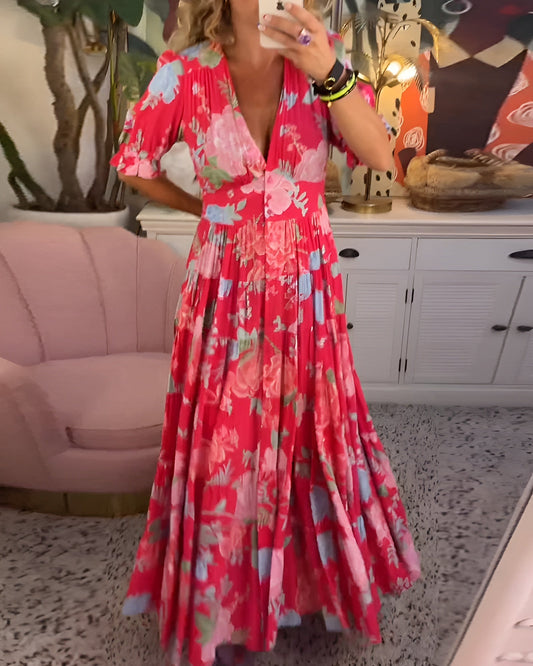 CARINE | Floral Print V-Neck Dress with Pockets