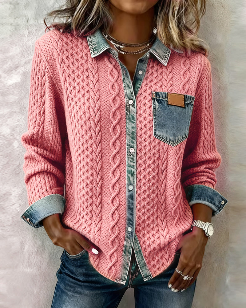 Chic Knitted Shirt with Denim Details