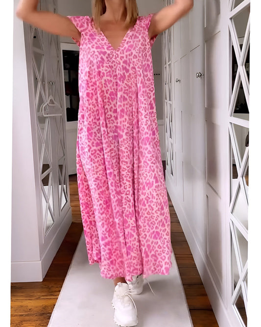 VERONIQUE | Long V-neck Dress with Printed Fabric and Short Sleeves