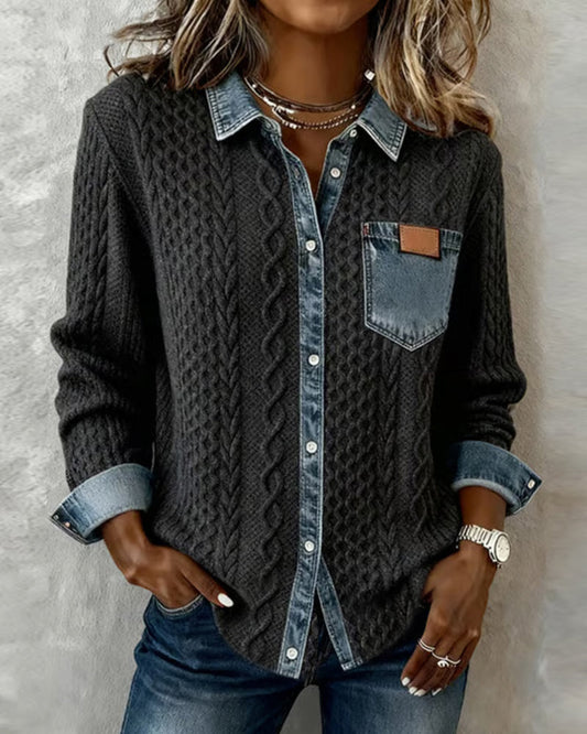 Chic Knitted Shirt with Denim Details