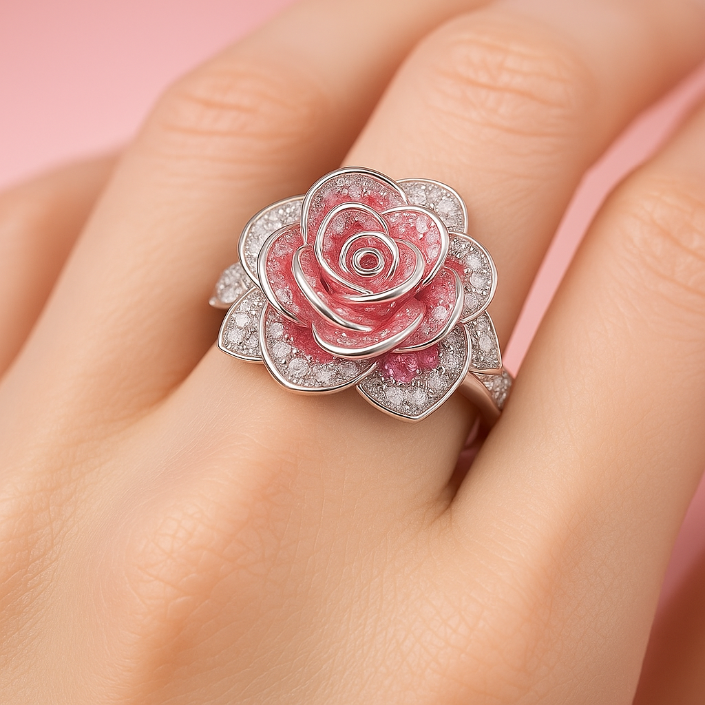 Exotic Pink Blossom Silvered Ring