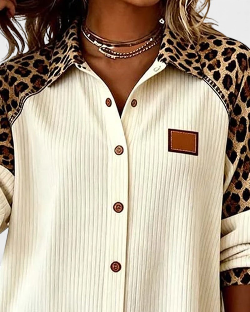 Two-Tone Button-Down Shirt with Leopard Print