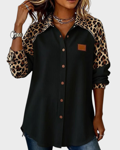Two-Tone Button-Down Shirt with Leopard Print