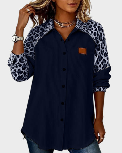 Two-Tone Button-Down Shirt with Leopard Print