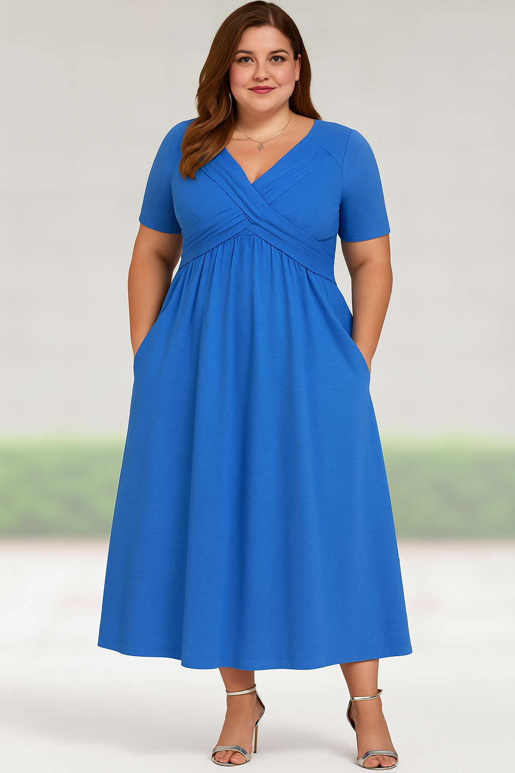 AMANDINE | Pleated Midi Dress with V-Neck – Waist-Slimming Effect