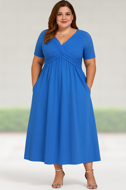 AMANDINE | Pleated Midi Dress with V-Neck – Waist-Slimming Effect