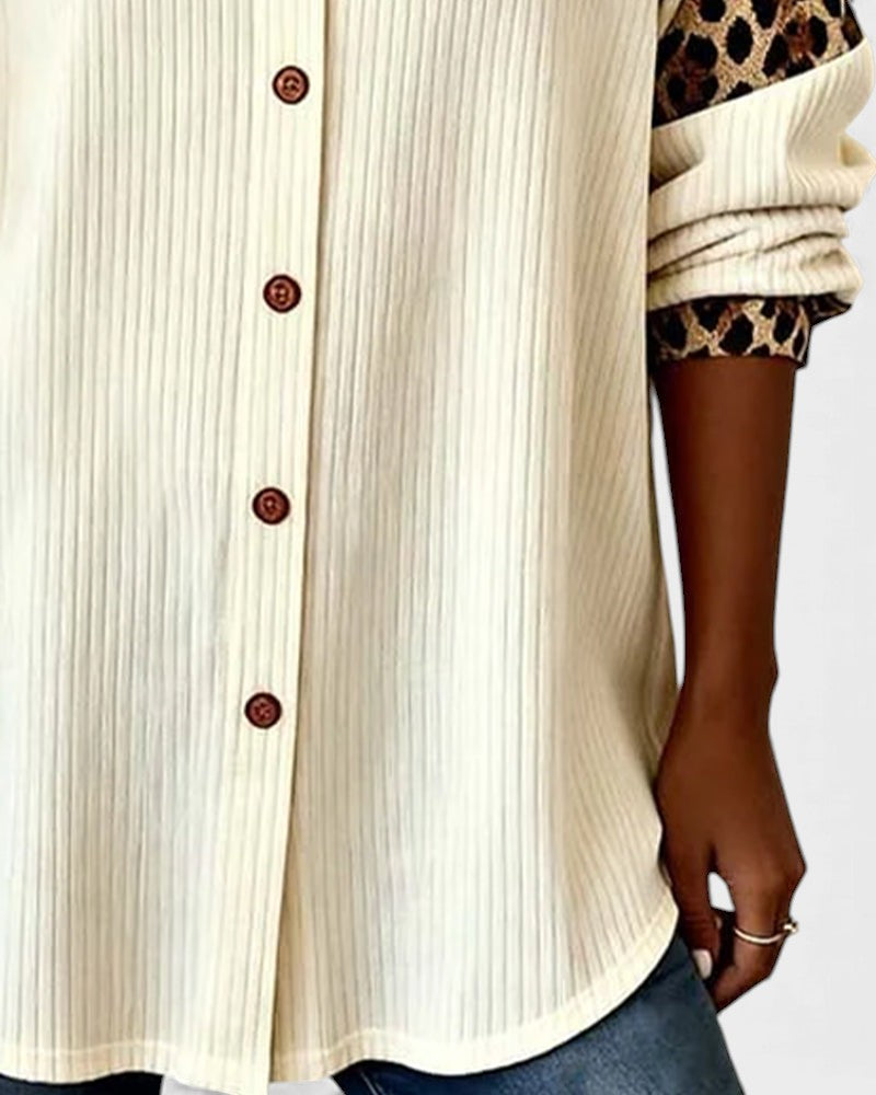 Two-Tone Button-Down Shirt with Leopard Print
