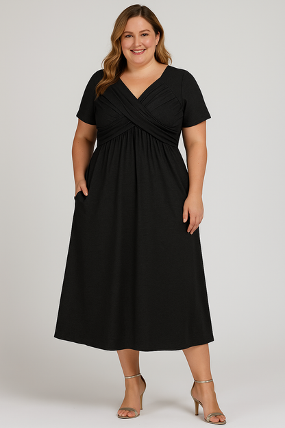 AMANDINE | Pleated Midi Dress with V-Neck – Waist-Slimming Effect