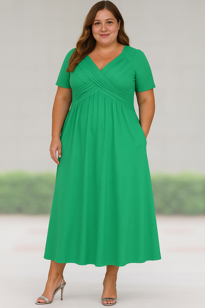 AMANDINE | Pleated Midi Dress with V-Neck – Waist-Slimming Effect