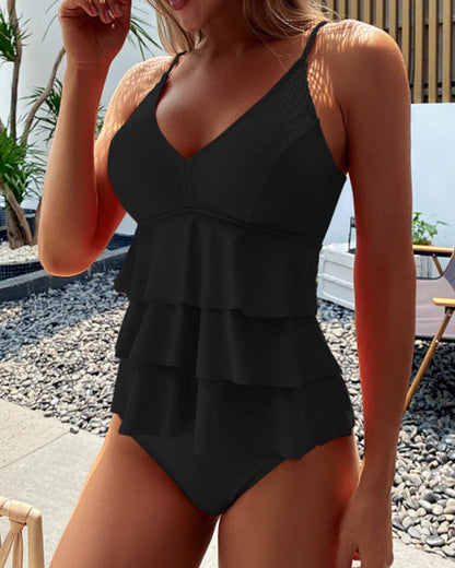 LIA | Solid Color Swimsuit with Elegant Ruffles