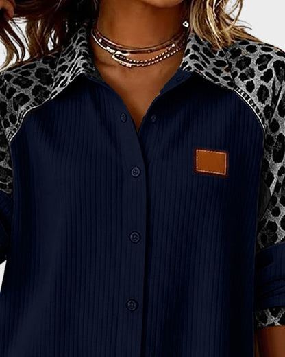 Two-Tone Button-Down Shirt with Leopard Print