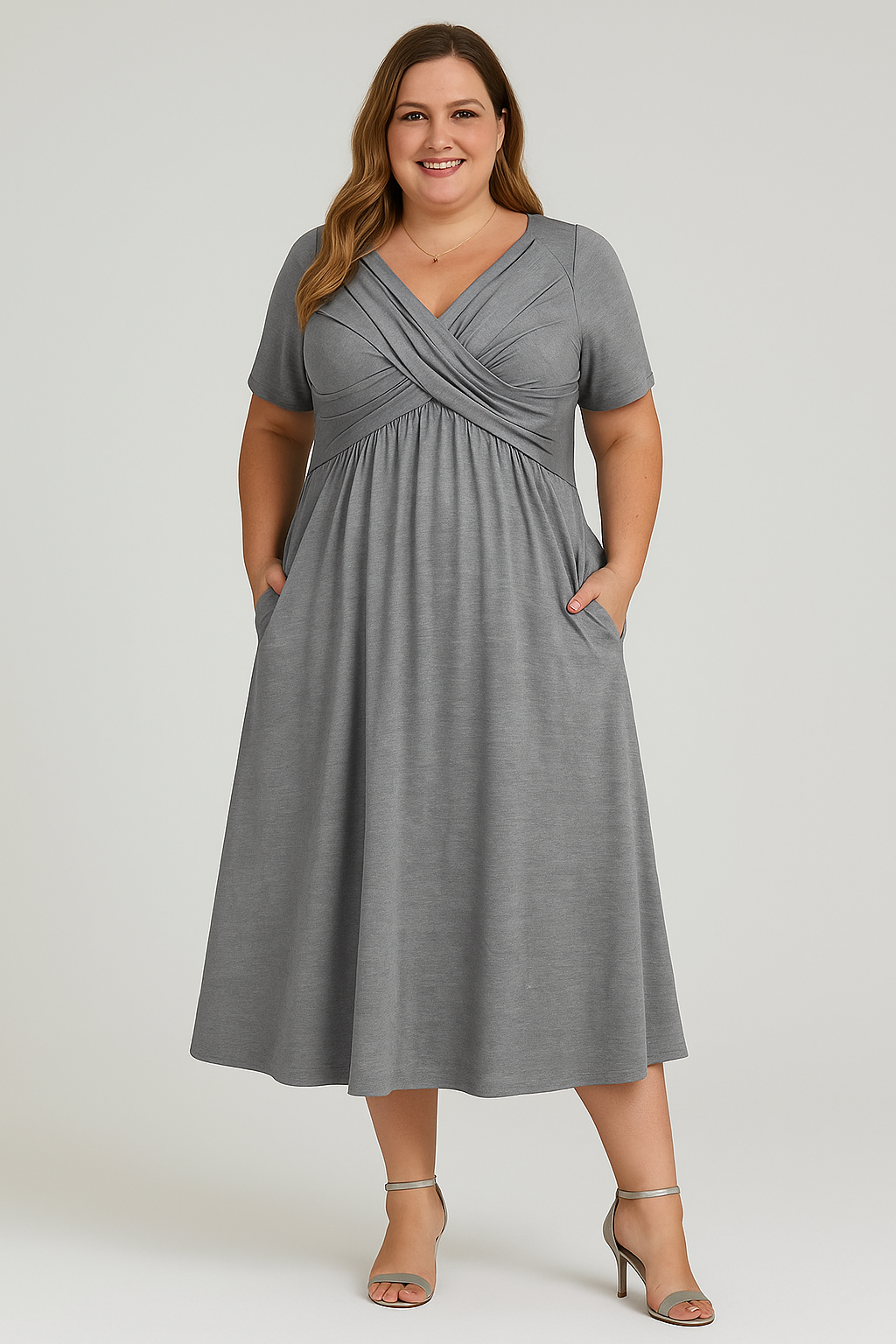 AMANDINE | Pleated Midi Dress with V-Neck – Waist-Slimming Effect