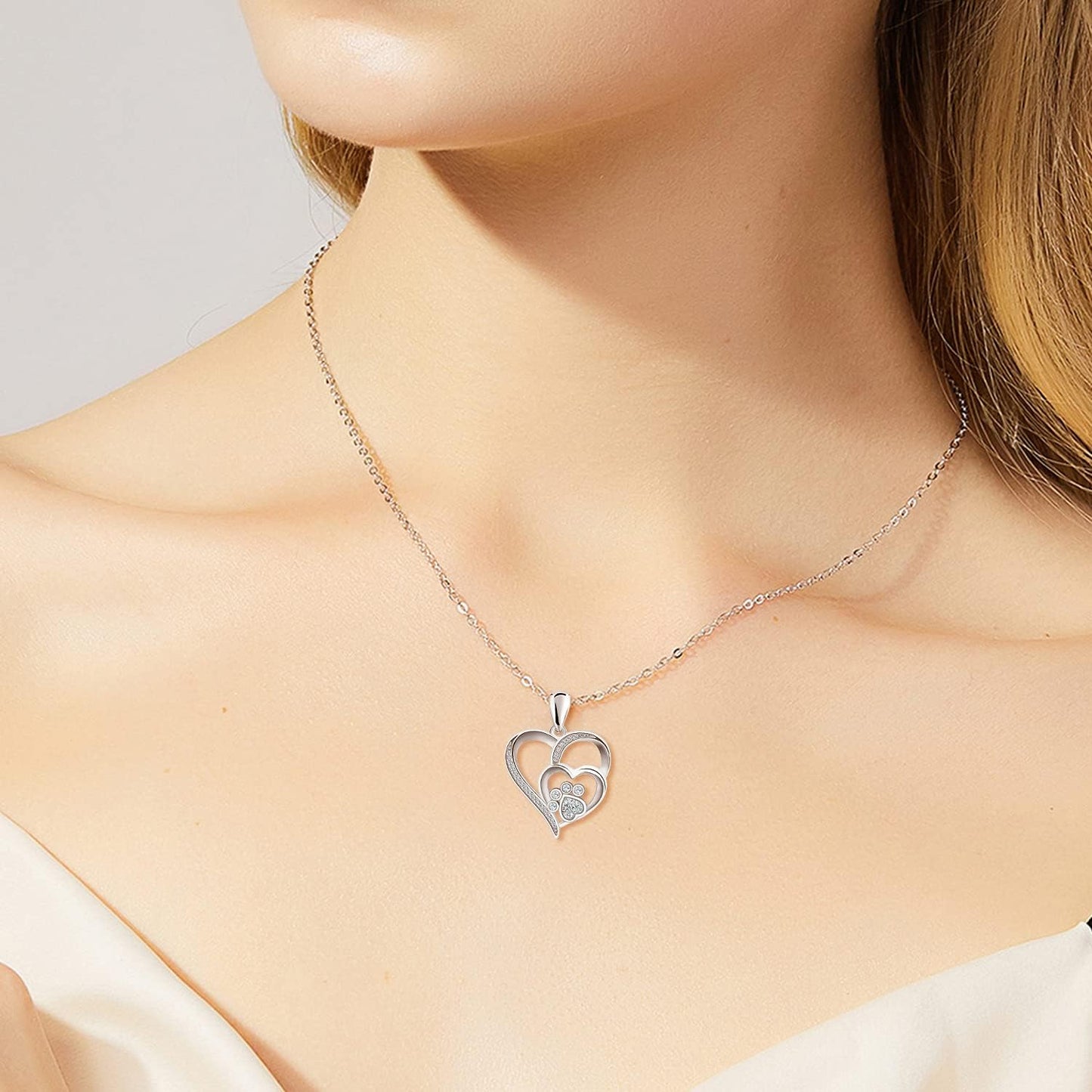 Sterling Silver Necklace with Paw and Heart with Zircons