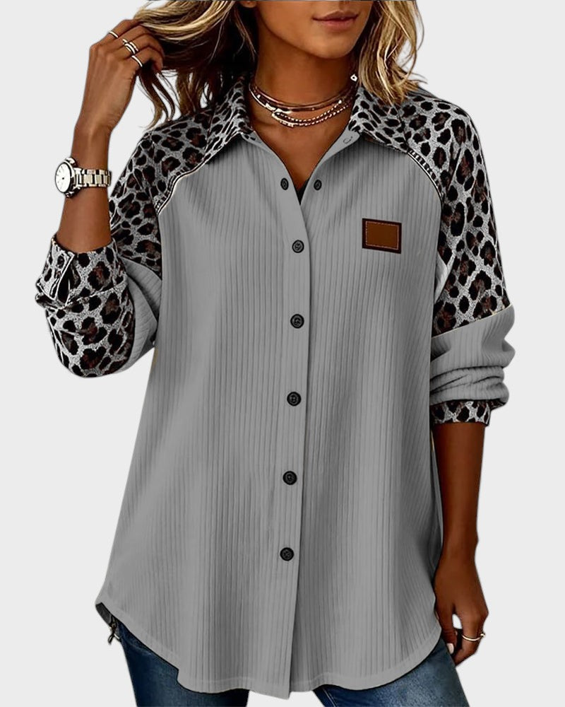 Two-Tone Button-Down Shirt with Leopard Print