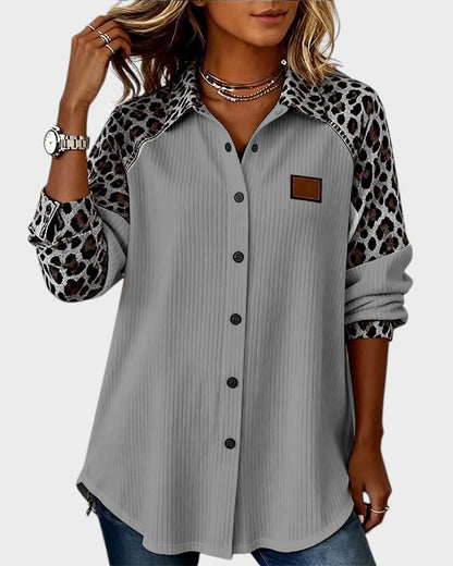 Two-Tone Button-Down Shirt with Leopard Print