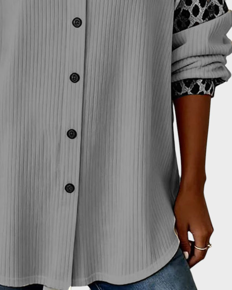 Two-Tone Button-Down Shirt with Leopard Print