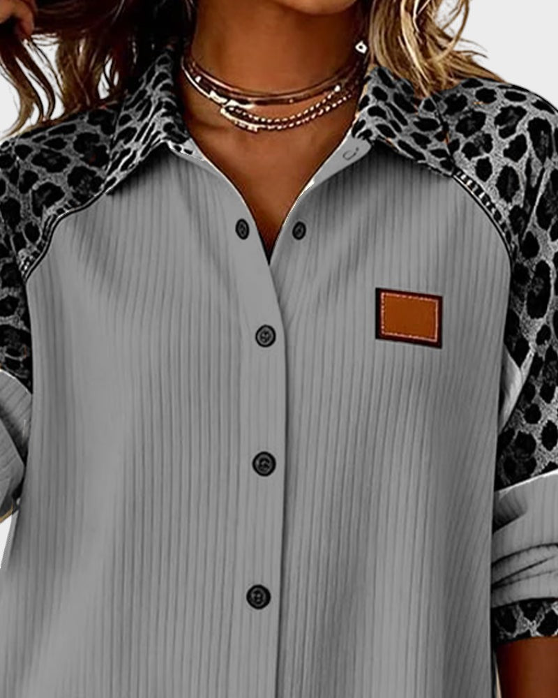 Two-Tone Button-Down Shirt with Leopard Print