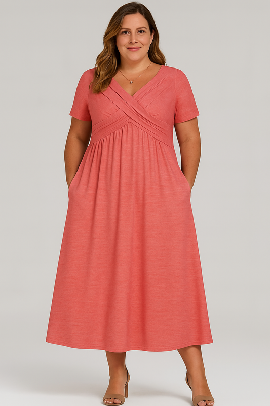 AMANDINE | Pleated Midi Dress with V-Neck – Waist-Slimming Effect