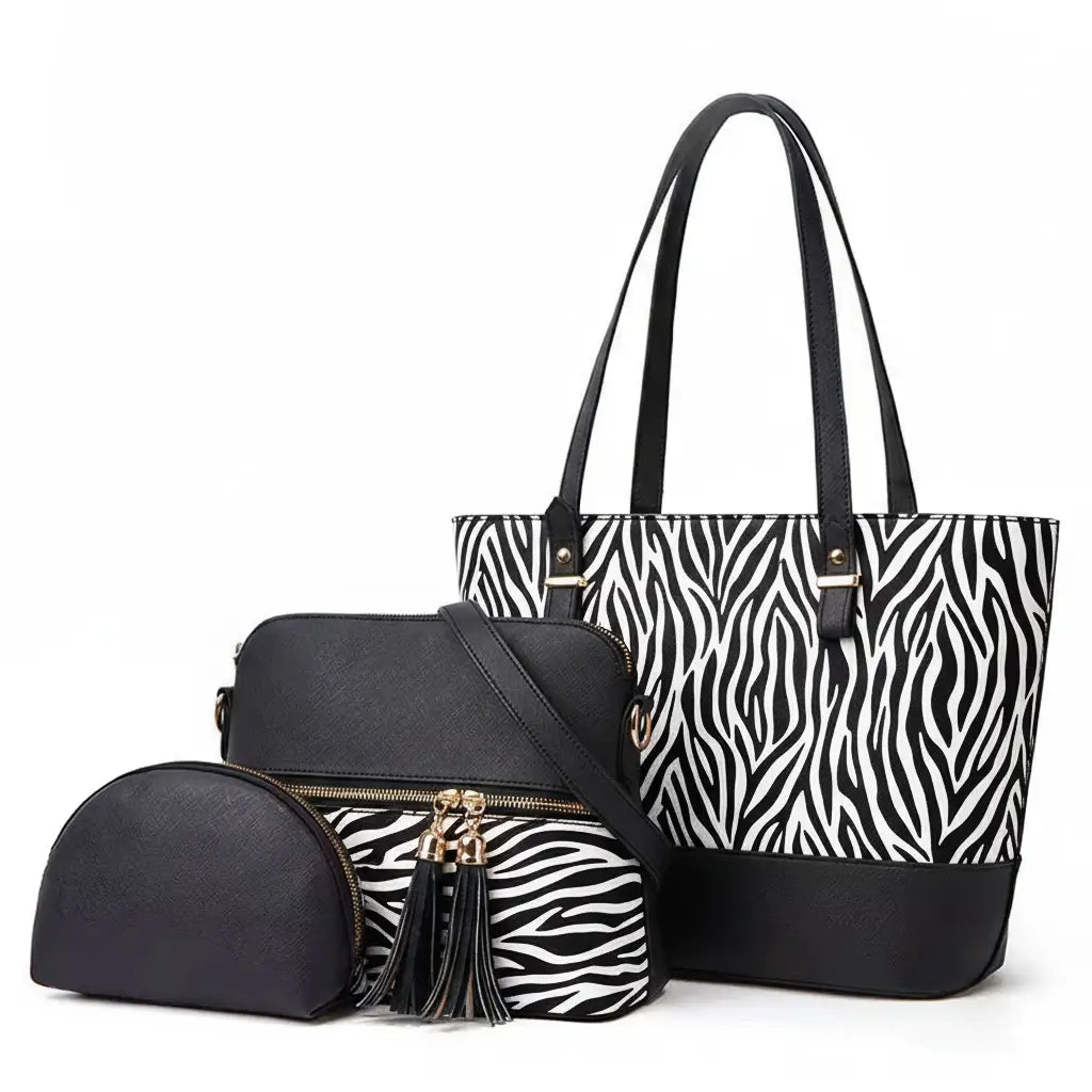 Luxury 3-Piece Zebra Black Handbag Set