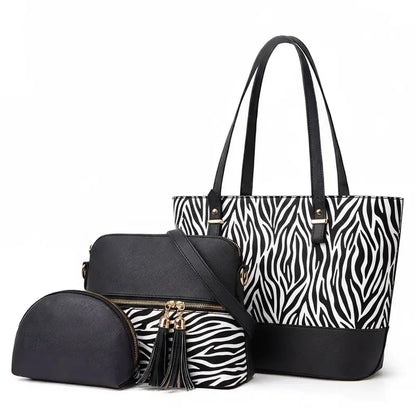 Luxury 3-Piece Zebra Black Handbag Set