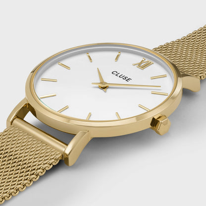 Minuit Watch Mesh, White, Gold Colour