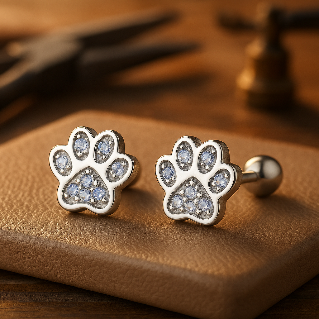 Silver Stud Earrings with Paw Print