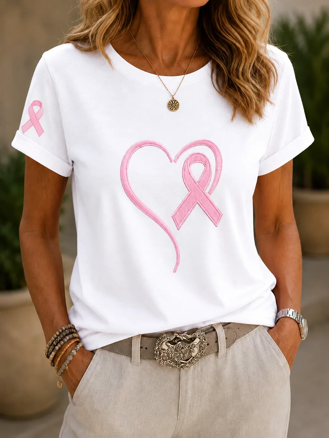 Casual Pink Heart Awareness Top