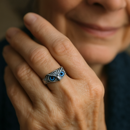 Silver and Opal Adjustable Owl Ring for Good Luck