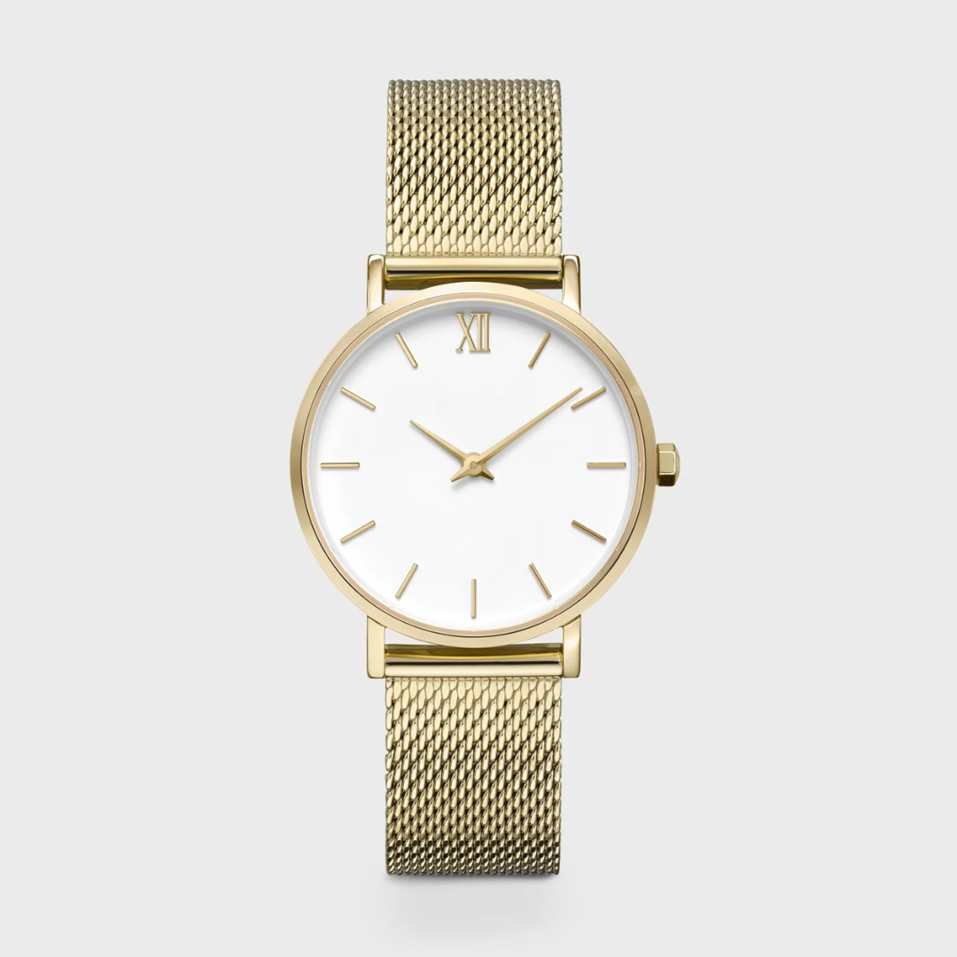 Minuit Watch Mesh, White, Gold Colour