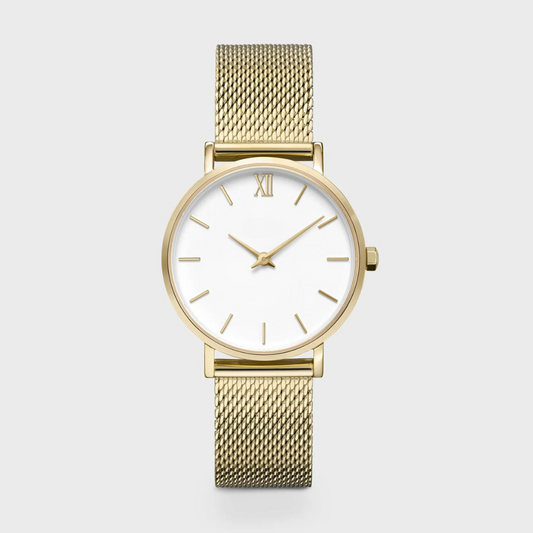 Minuit Watch Mesh, White, Gold Colour