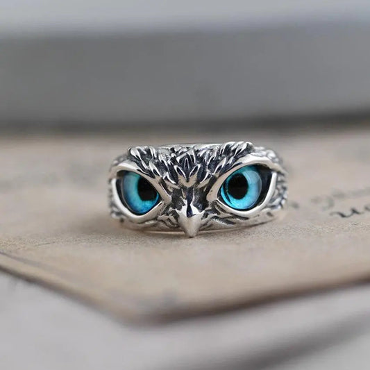 Silver and Opal Adjustable Owl Ring for Good Luck
