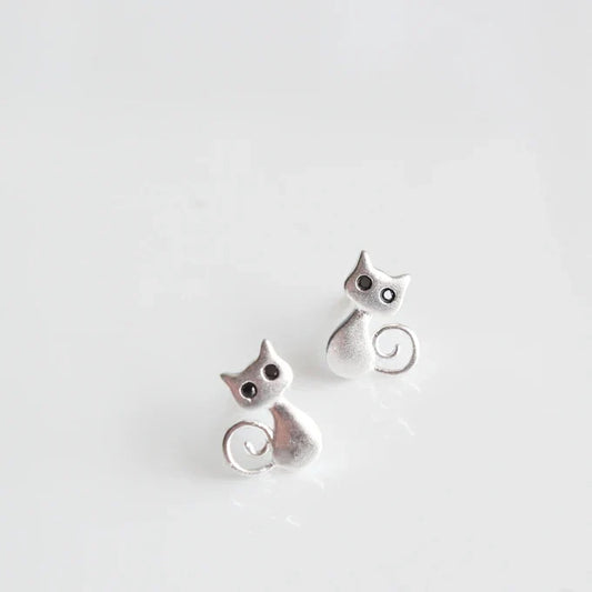 Silver Cat Stud Earrings