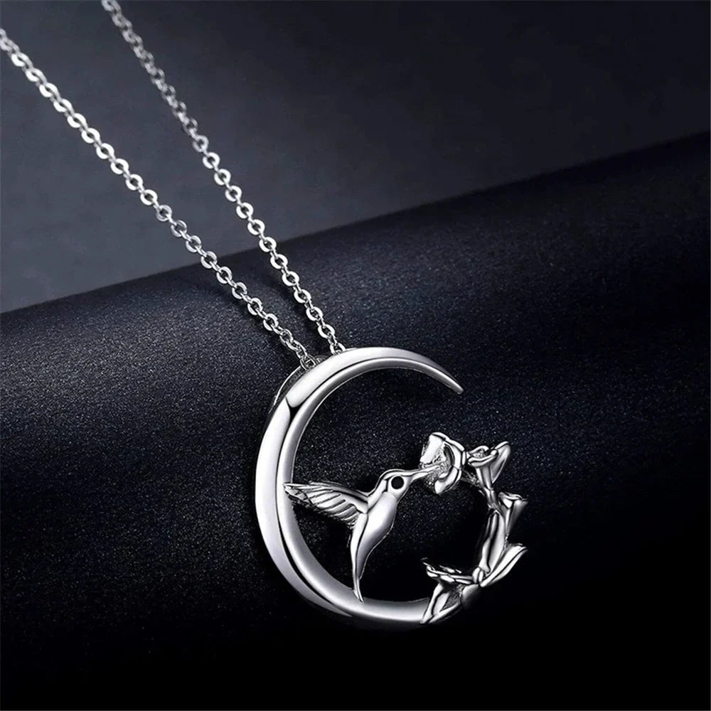 Moon Bird Vintage Silver Pendant Necklace