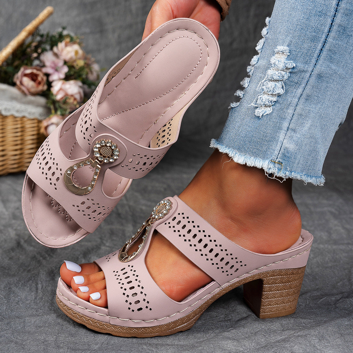 Orthopedic Sandals with Rhinestone Heel