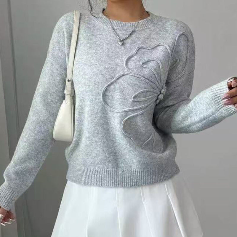 Long-Sleeve Knit Sweater with Butterfly Pattern