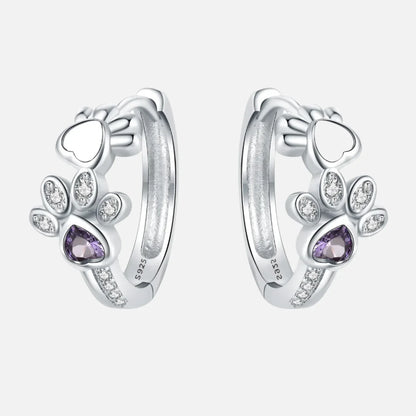Paw Huggie earrings in silver with zircons and heart-shaped gemstone