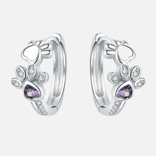 Paw Huggie earrings in silver with zircons and heart-shaped gemstone