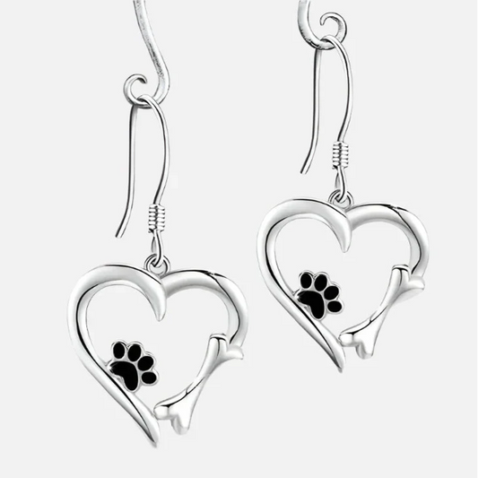 Silver Drop Earrings with Heart and Paw Print Design